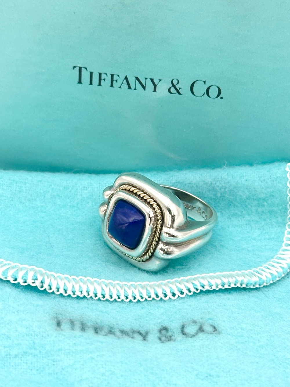 Tiffany & Co VINTAGE Sterling Silver & 18 Kt Gold Lapis Lazuli  Rope Ring Sz 7.5